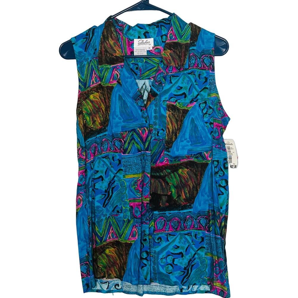 Dahan Blue Purple Funky Design Sleeveless Collared Button Up Tank Top Size M